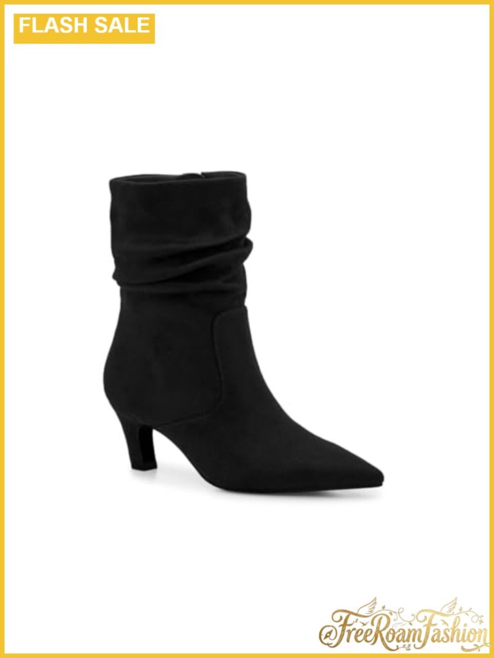 Slouchy Ankle Boots Low Kitten Heel Pointed Toe Side Zipper Booties